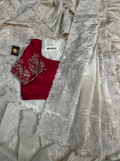 Soft & smooth Pure crape silk with floral design embroidery work with scalloped cutwork border and embroidery work blouse 🥳unstitched