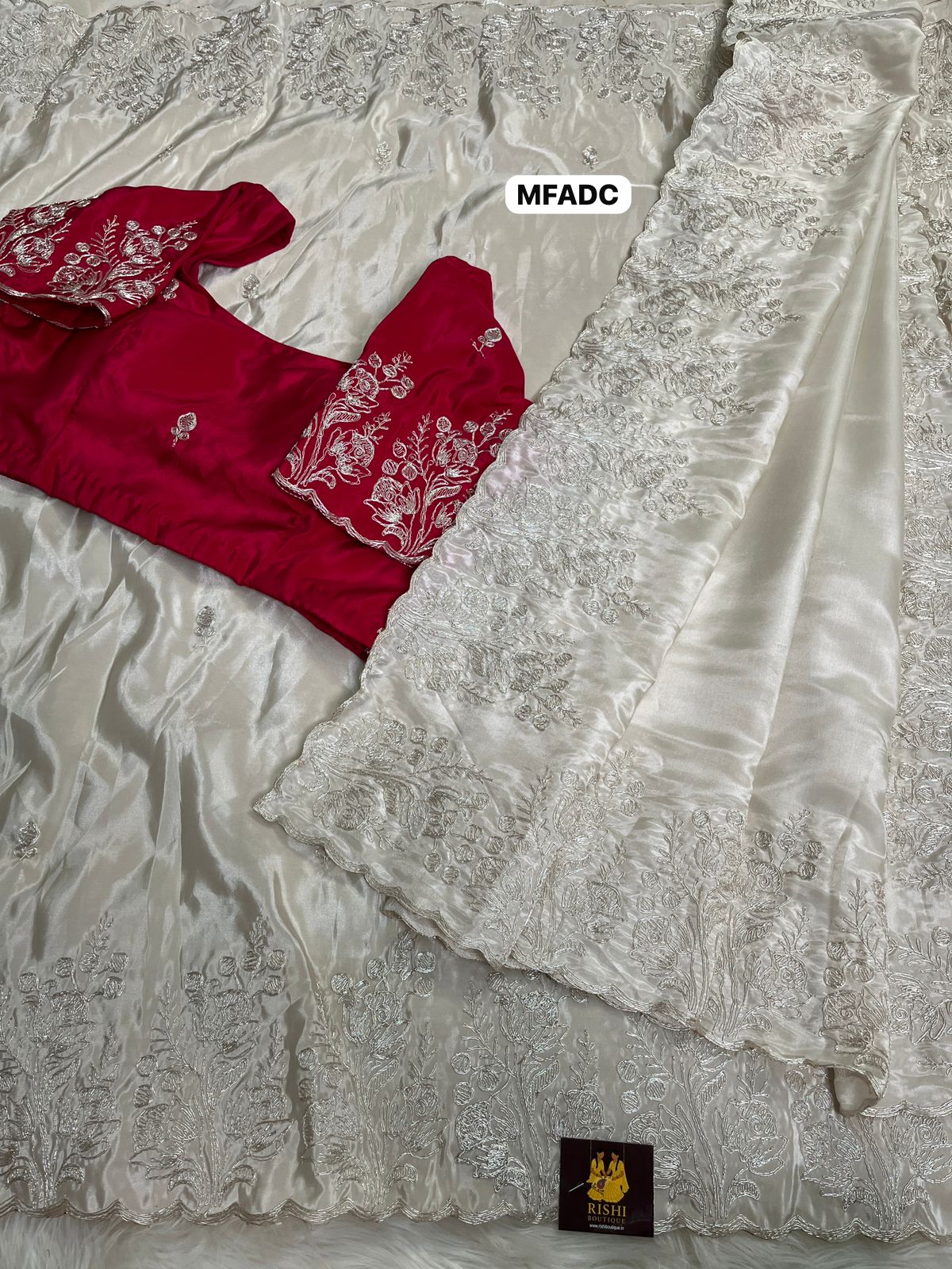 Soft & smooth Pure crape silk with floral design embroidery work with scalloped cutwork border and embroidery work blouse 🥳unstitched