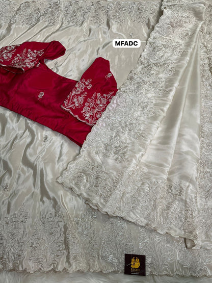 Soft & smooth Pure crape silk with floral design embroidery work with scalloped cutwork border and embroidery work blouse 🥳unstitched