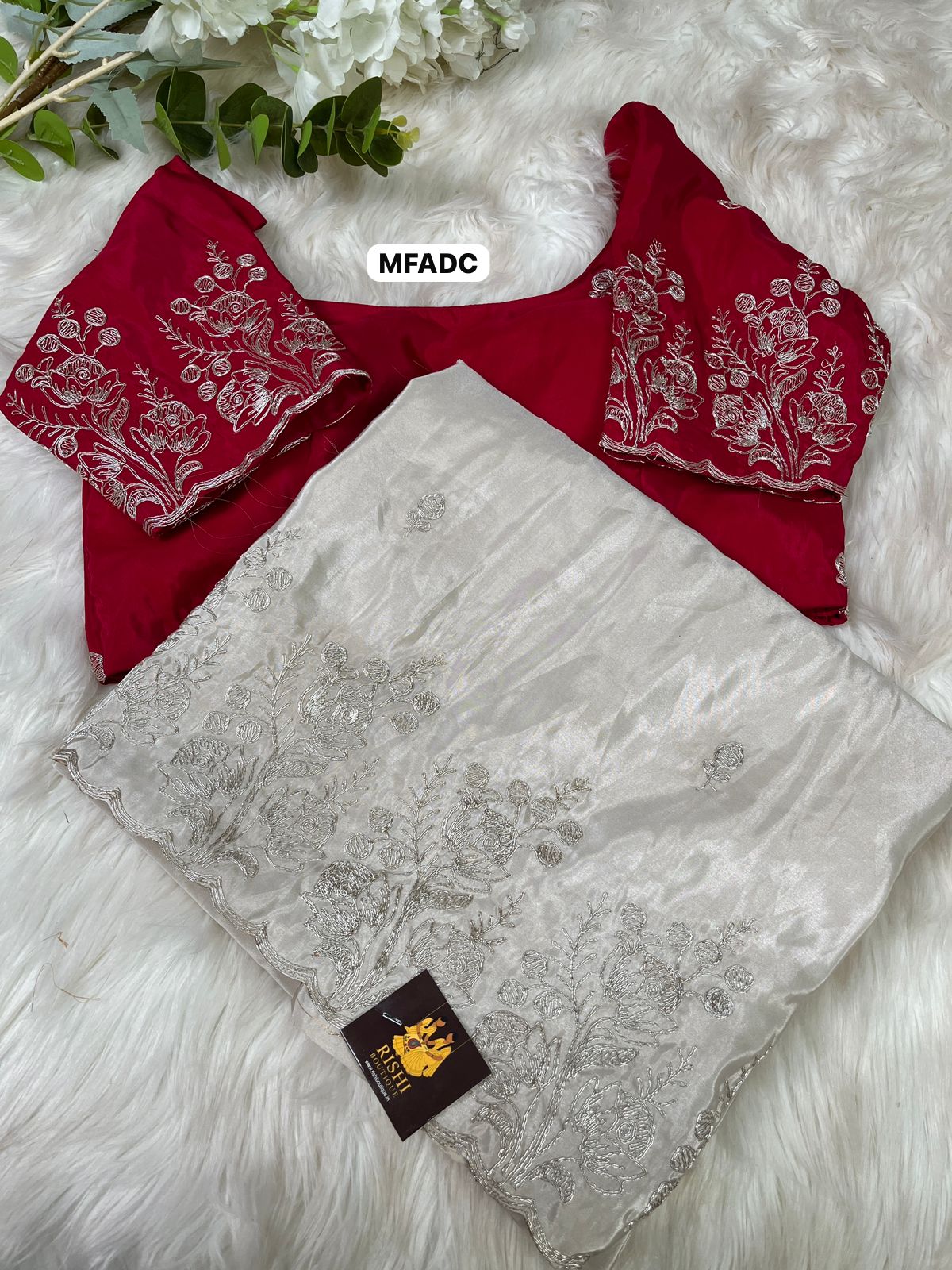 Soft & smooth Pure crape silk with floral design embroidery work with scalloped cutwork border and embroidery work blouse 🥳unstitched