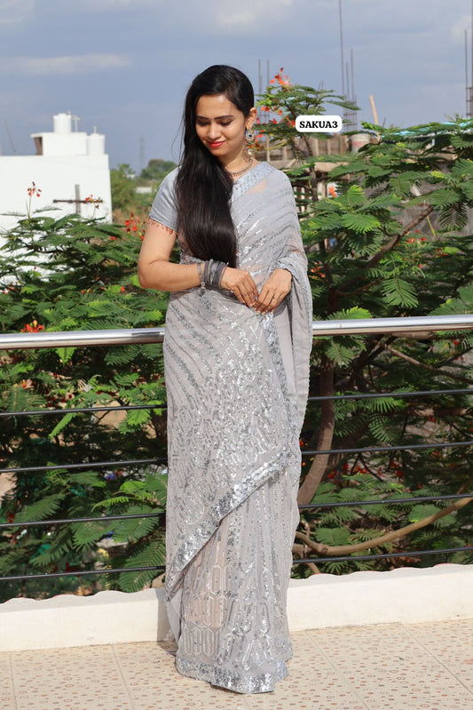 Premium Soft Georgette with full sequins and lace embroidery border. Lace border extended til hip portion❌❌