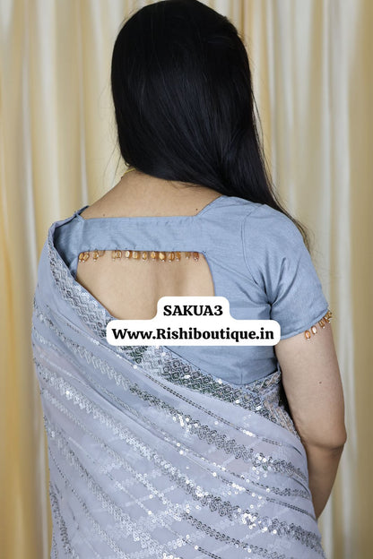 Premium Soft Georgette with full sequins and lace embroidery border. Lace border extended til hip portion❌❌