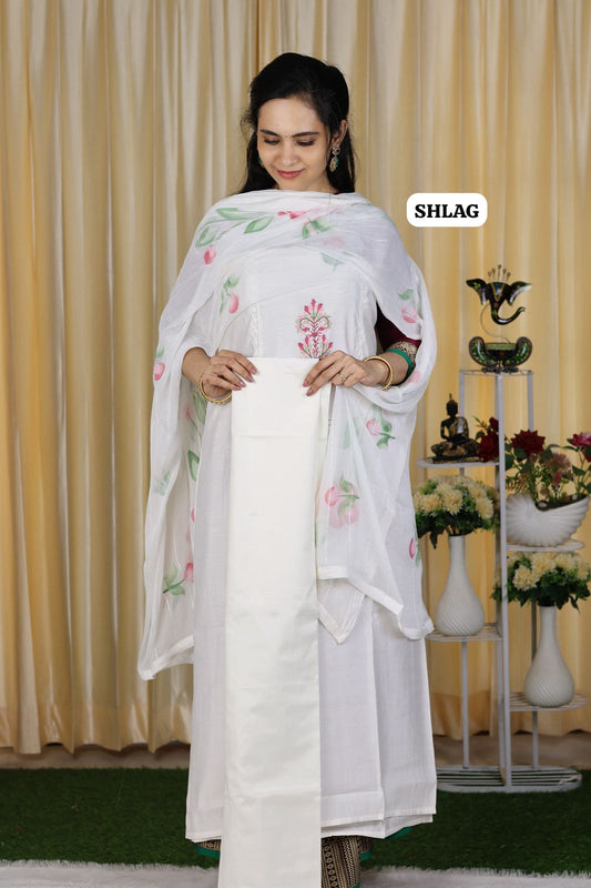 Soft cotton hand work embroidery salwar set with soft Premium chiffon dupatta with embroidery and chumkey works.(stitched)😍🥳