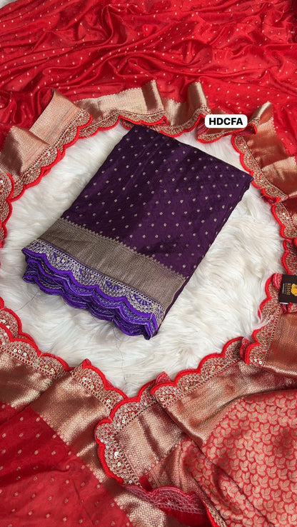 Khadi Georgette saree with beautiful gold zari weaving comes with rich weaving pallu having trending embroidery work lace border And running blouse🥳