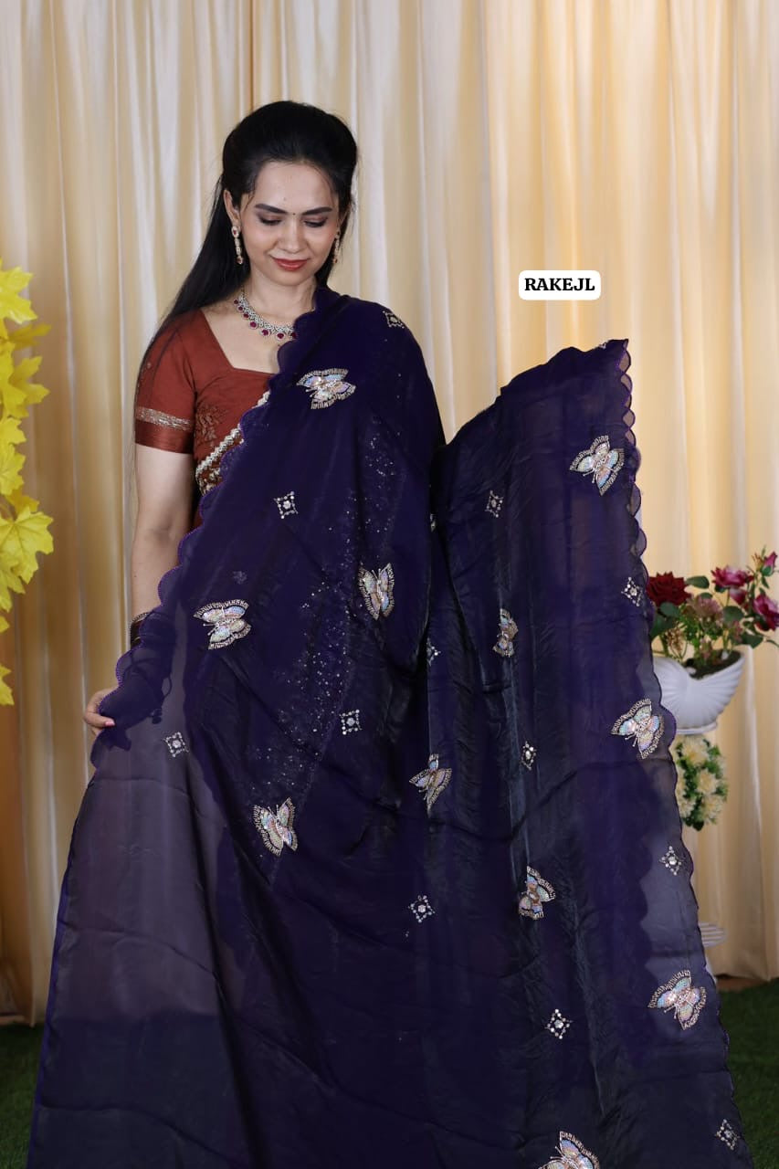 Premium Space silk with full chumkey work and butterfly design at just 🥳