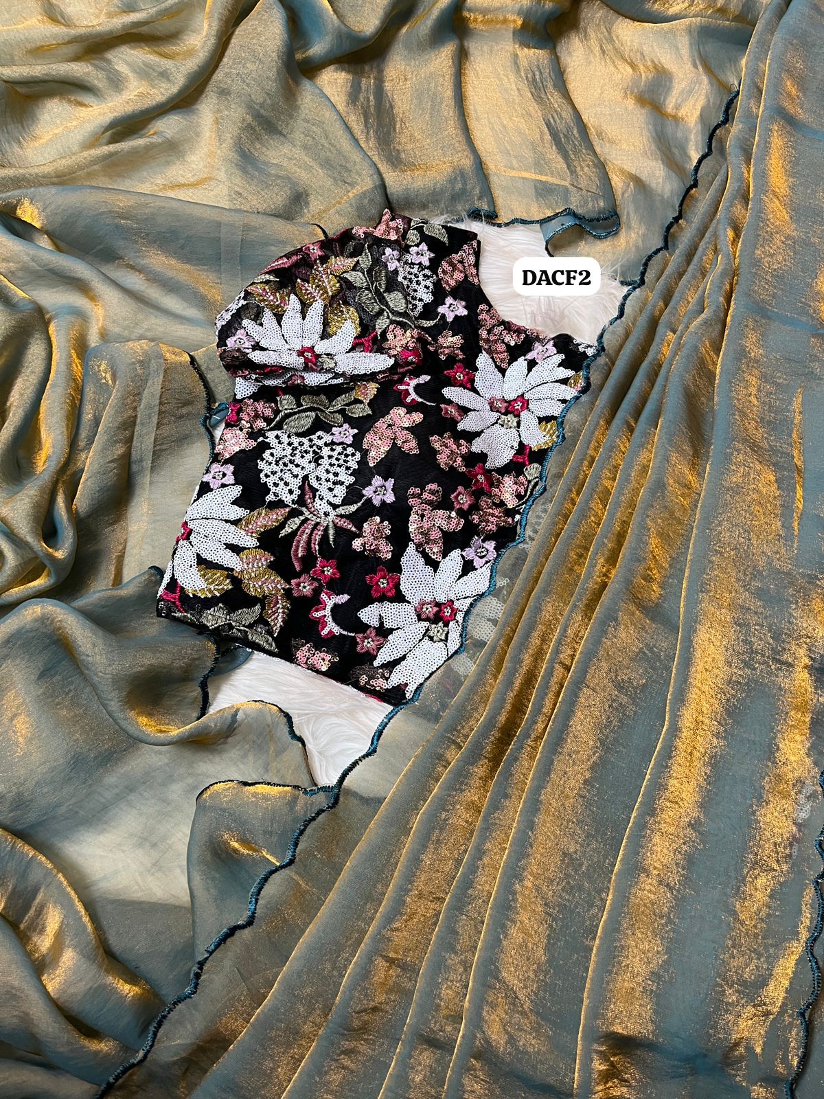 Golden grey Metallic shade space silk saree with embroidery and sequins heavy work unstitched blouse🥳✅