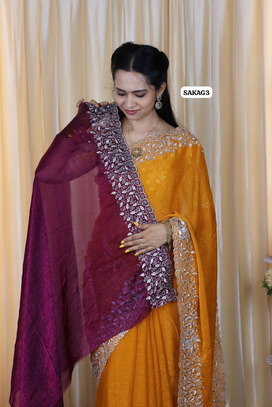Premium Space silk saree with embroidery work and contrast blouse 🥳