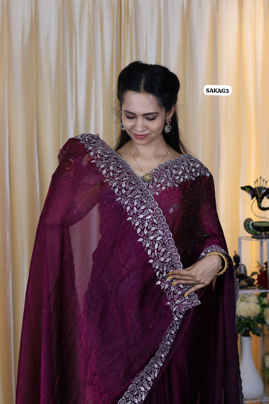 Premium Space silk saree with embroidery work and contrast blouse 🥳