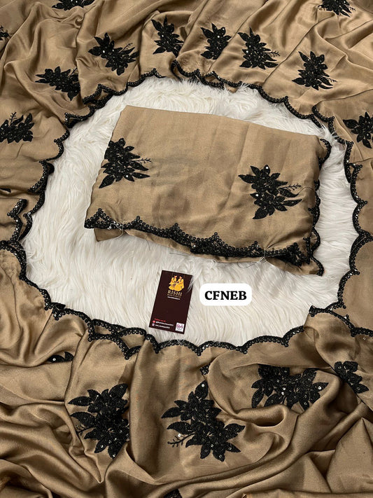 Soft beige color crepe silk saree with embroidery and chumkey work with sequence and scallop detailing🥳