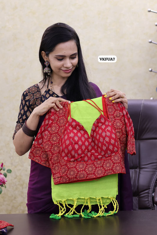 cotton saree with Most hit ajrak print blouse🔥🥳