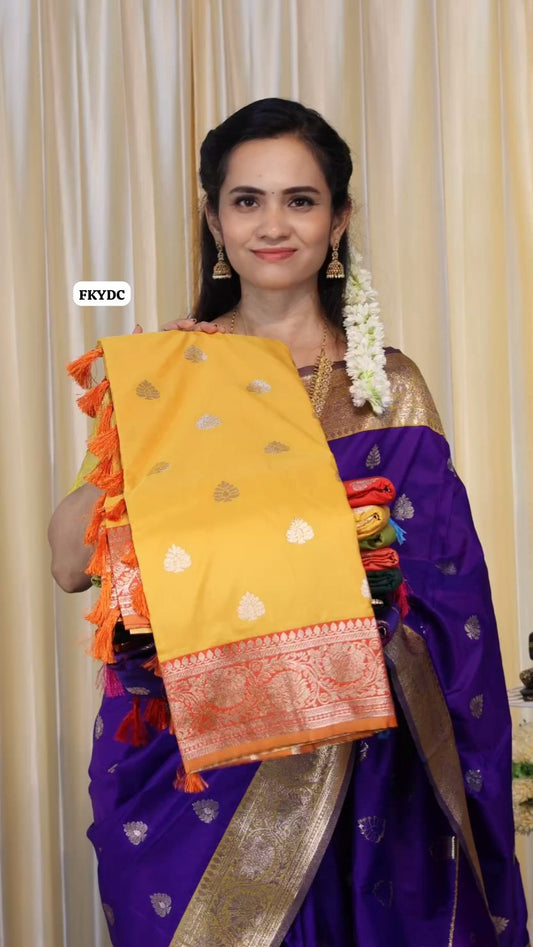 Semi soft silk saree with zari weaving buttas and border. Blouse and pallu same color😍🥳