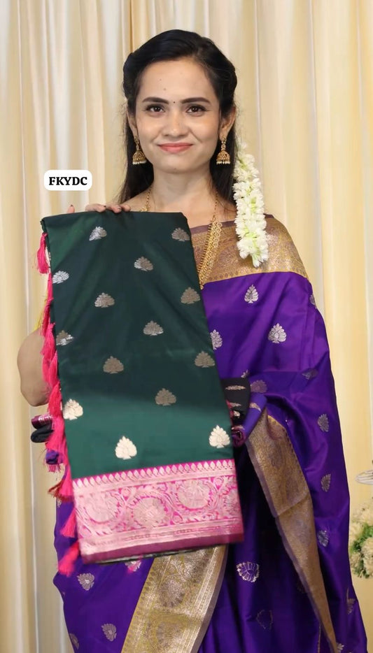 Semi soft silk saree with zari weaving buttas and border. Blouse and pallu same color🥳