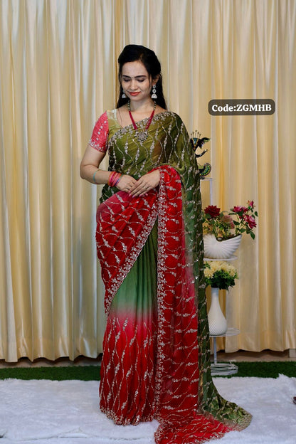 Premium Space silk with Golden heavy Katdhana work double shade Red with green🥰😎🌈offer