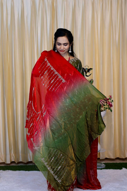 Premium Space silk with Golden heavy Katdhana work double shade Red with green🥰😎🌈offer