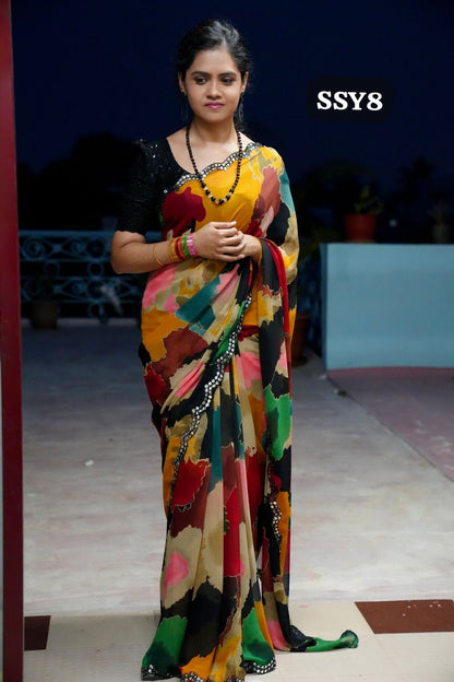 Multi colour Chiffon saree with Foil mirror work Border🥳