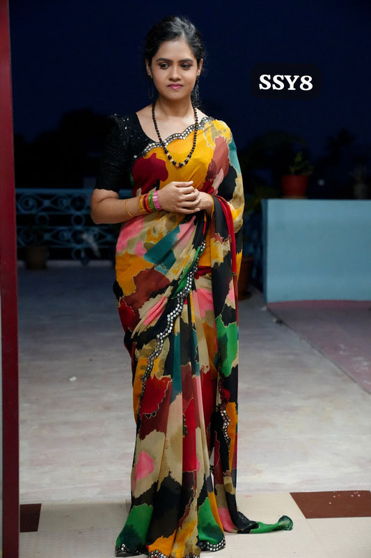 Multi colour Chiffon saree with Foil mirror work Border🥳