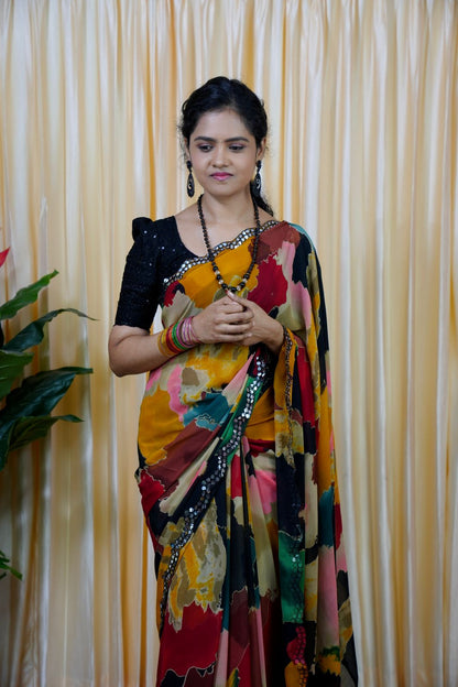 Multi colour Chiffon saree with Foil mirror work Border🥳