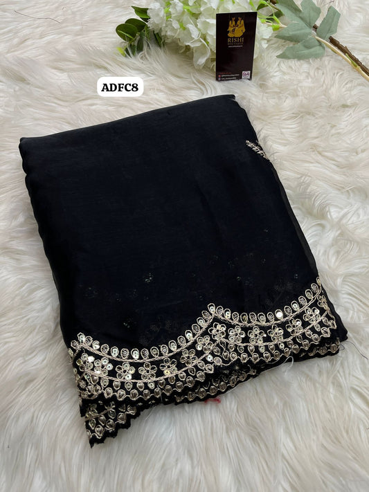 Soft & smooth jimmy cho satin with gold zari embroidery & sequence work with scalloped cutwork border  with unstitched embroidery work blouse🥳