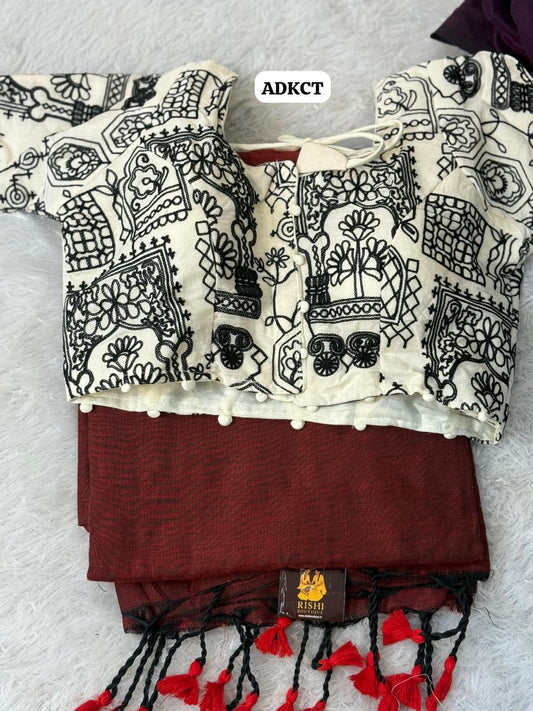 Khadhi cotton saree with embroidery stitched blouse along with pad 🥳