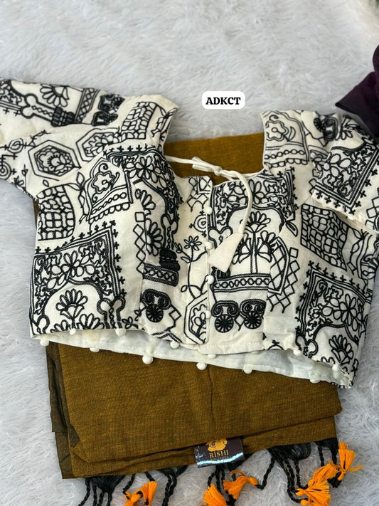 Khadhi cotton saree with embroidery stitched blouse along with pad 😍🥳