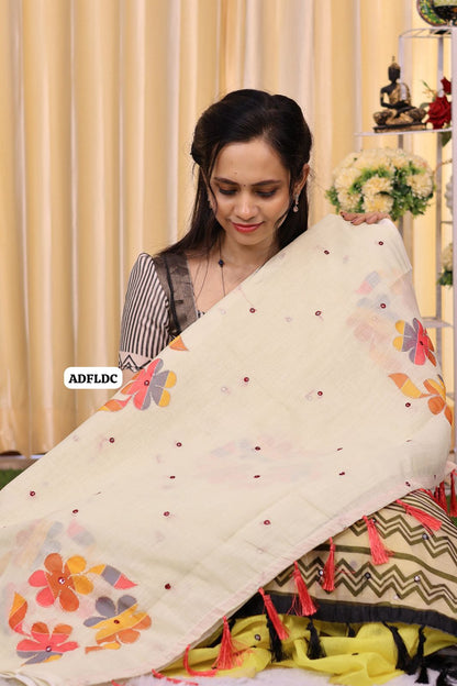 Linen chanderi saree with floral designs mirror work and thread embroidery work 
Colourful blouse🥳