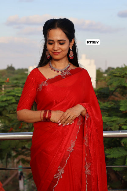 Space silk fabric with swaroski butterfly done on border with running blouse🥳