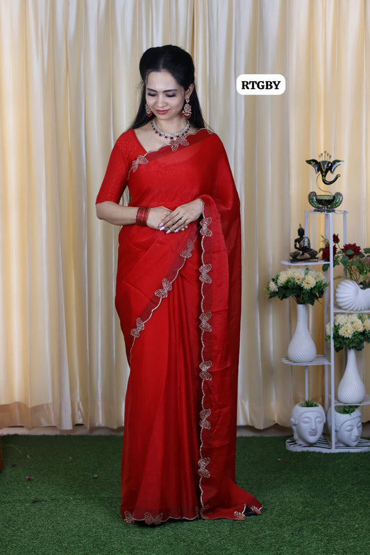 Space silk fabric with swaroski butterfly done on border with running blouse🔥😍🥳