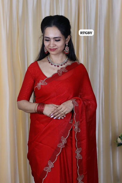 Space silk fabric with swaroski butterfly done on border with running blouse🥳