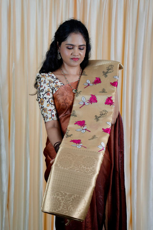Aadi offer❤️Golden  embroidery tissue saree🥰🤩