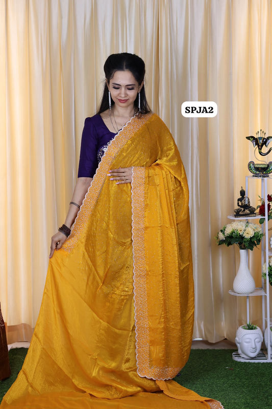 Premium space silk sarees with real jarkhan diamond work..

Jarkhan diamond work in blouse back neck and sleeve😍🥳🔥