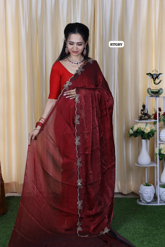 Space silk fabric with swaroski butterfly done on border with running blouse🔥🥳Dark maroon