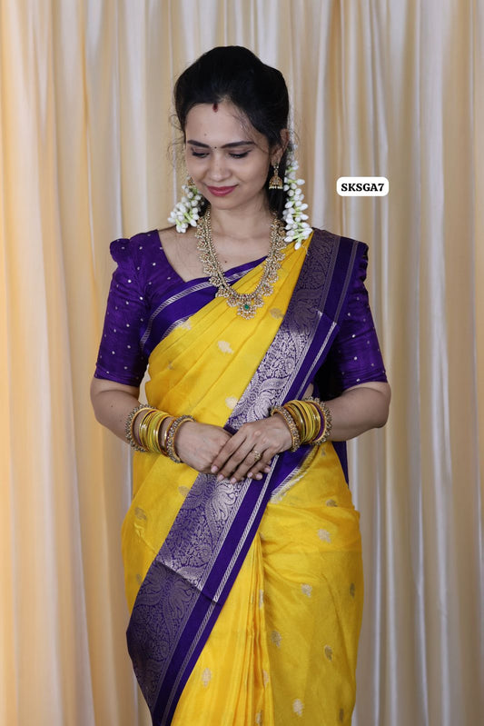 Premium warm Silk soft saree with running blouse Yellow with blue🥳