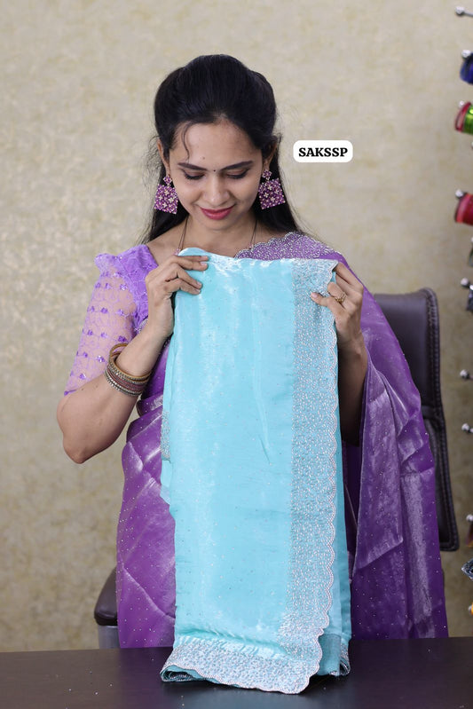 space silk with cut work border with running blouse 🔥🥳Ice blue