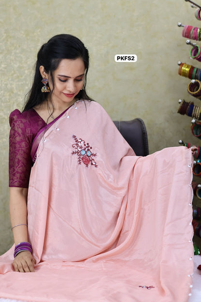 Chinnon silk saree with readymade blouse .heavy handwork zardosi and organza rose petals 🥳