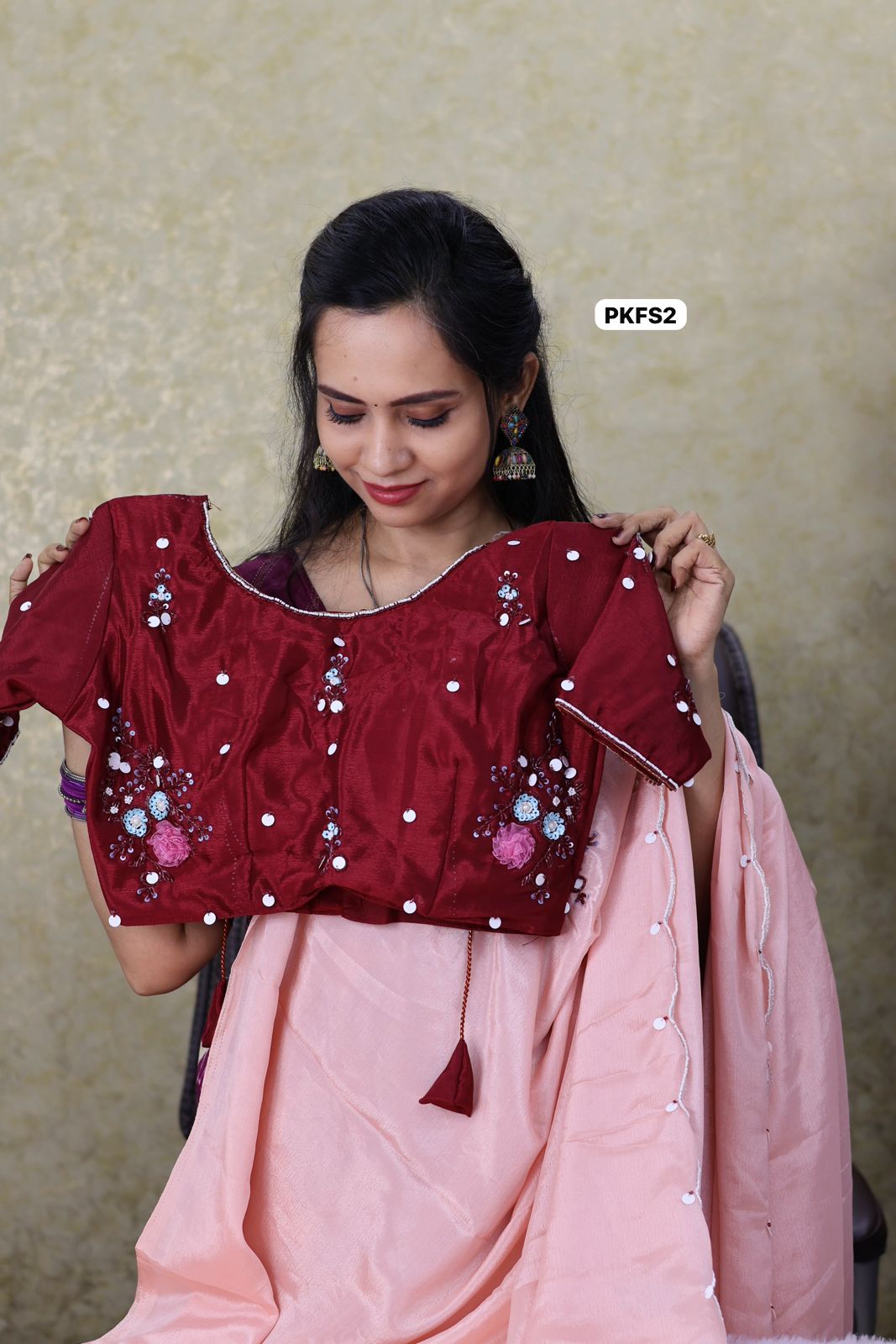 Chinnon silk saree with readymade blouse .heavy handwork zardosi and organza rose petals 🥳