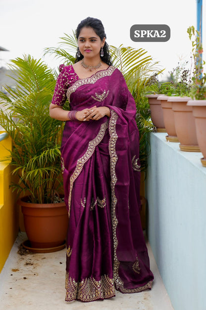 Space silk tissue sarees with heavy embroidery chumky work blouse 🎁