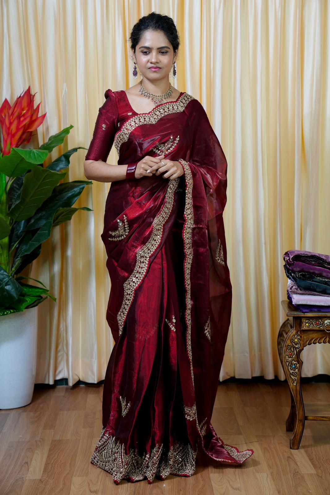 Space silk tissue sarees with heavy embroidery chumky work blouse 🎁