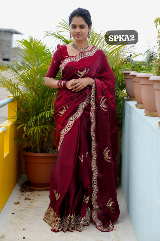 Space silk tissue sarees with heavy embroidery chumky work blouse 🥳✅