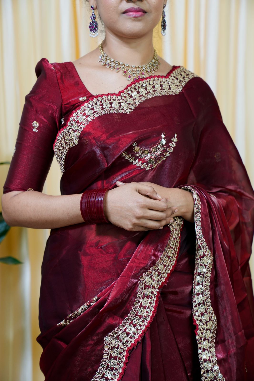Space silk tissue sarees with heavy embroidery chumky work blouse 🎁