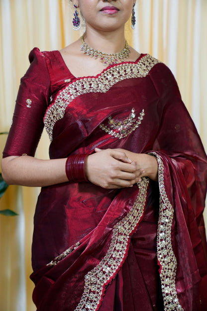 Space silk tissue sarees with heavy embroidery chumky work blouse 🎁