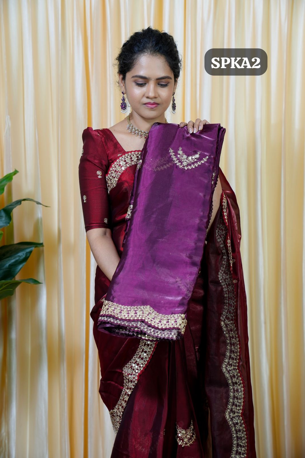 Space silk tissue sarees with heavy embroidery chumky work blouse 🎁