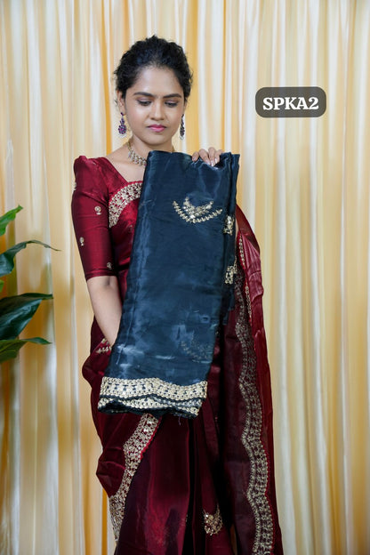 Space silk tissue sarees with heavy embroidery chumky work blouse unstitched 🥰😎🌈