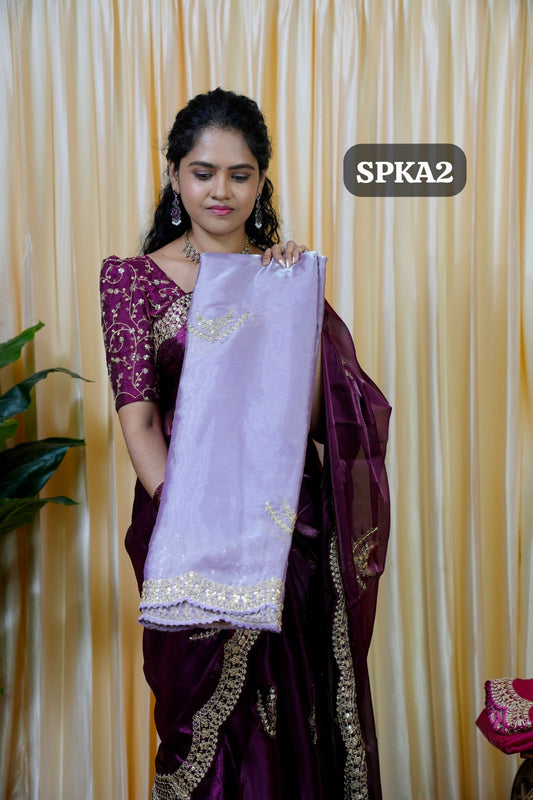 Space silk tissue sarees with heavy embroidery chumky work blouse unstitched 🥰😎🥳✅