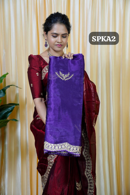 Space silk tissue sarees with heavy embroidery chumky work blouse unstitched🥳