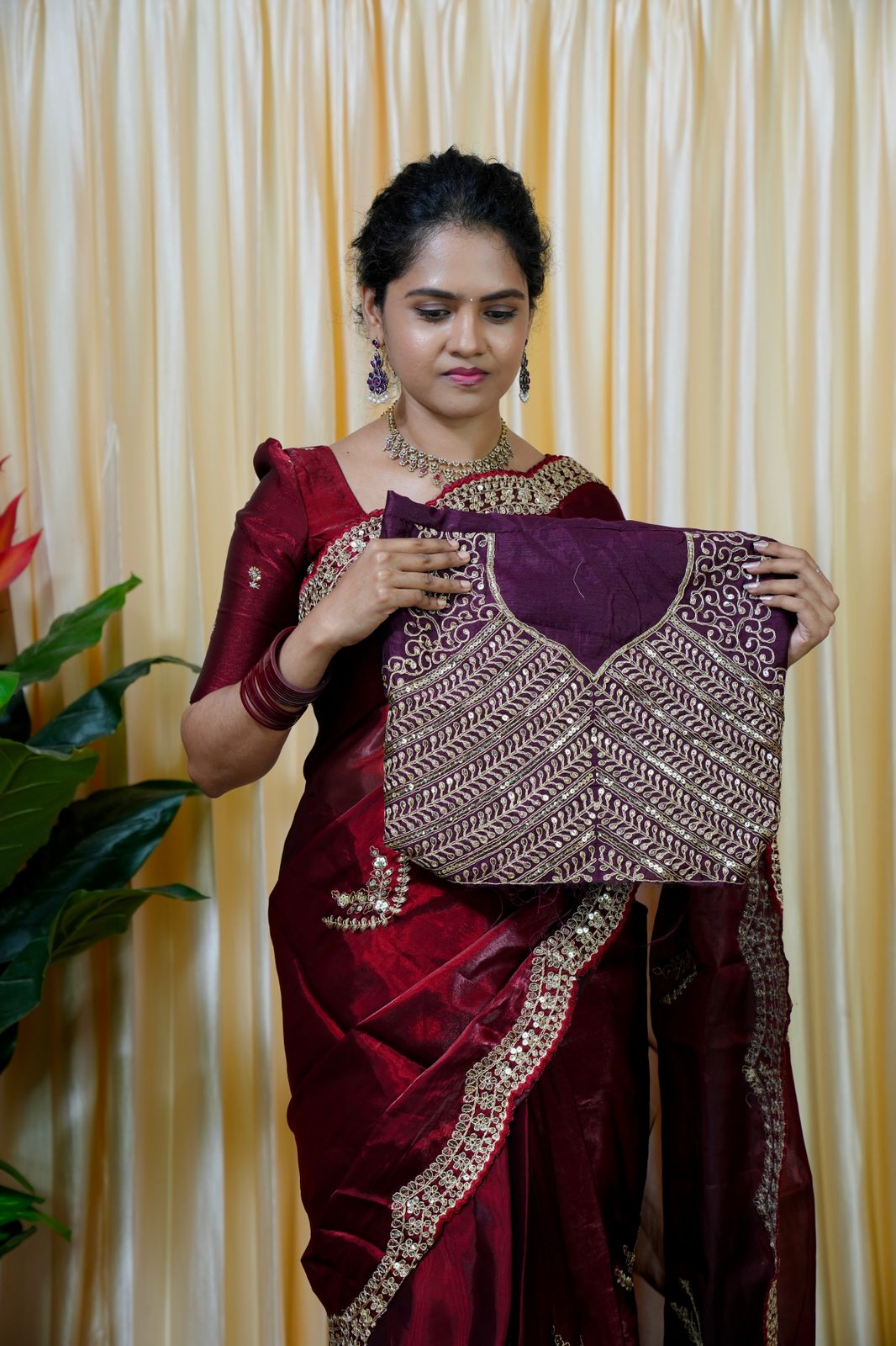 Space silk tissue sarees with heavy embroidery chumky work blouse 🎁