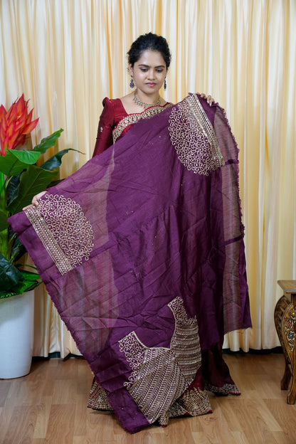Space silk tissue sarees with heavy embroidery chumky work blouse 🎁
