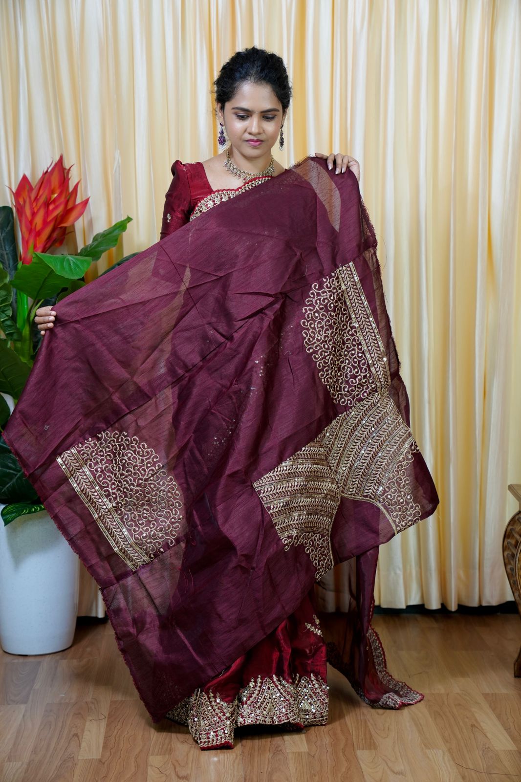 Space silk tissue sarees with heavy embroidery chumky work blouse 🎁