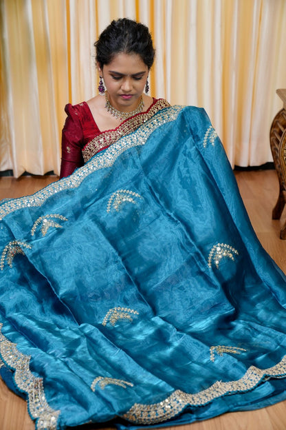 Space silk tissue sarees with heavy embroidery chumky work blouse unstitched 🥰😎🌈