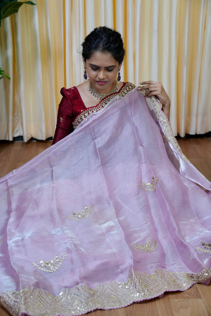Space silk tissue sarees with heavy embroidery chumky work blouse unstitched🥰😎🌈