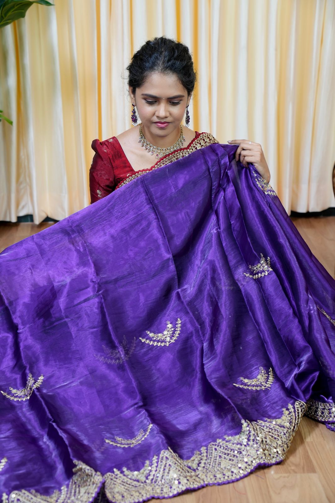Space silk tissue sarees with heavy embroidery chumky work blouse unstitched🥳
